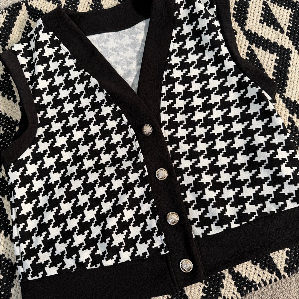 SHEIN Black and White Houndstooth Varsity Jacket